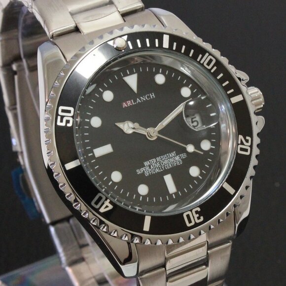 Men's Diver Style Watch Black Uni-directional Bezel Stainless Bracelet 40mm - Picture 8 of 11